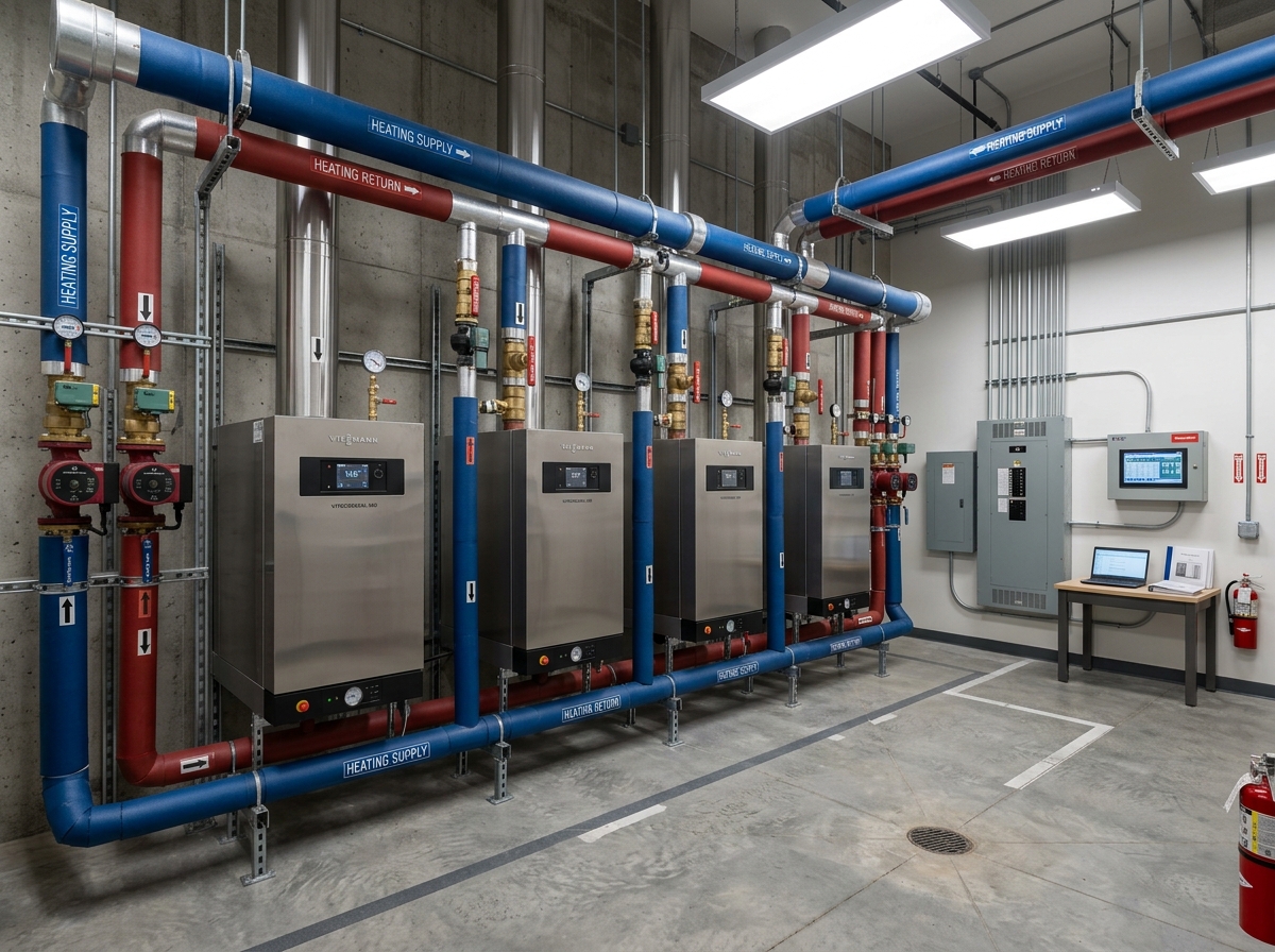 Commercial multi-unit cascade boiler plant mechanical room